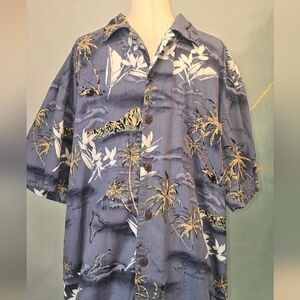 High Surf 100% Cotton Blue Hawaiian Surfer Surfing Palm Tree Button-Up S/S L